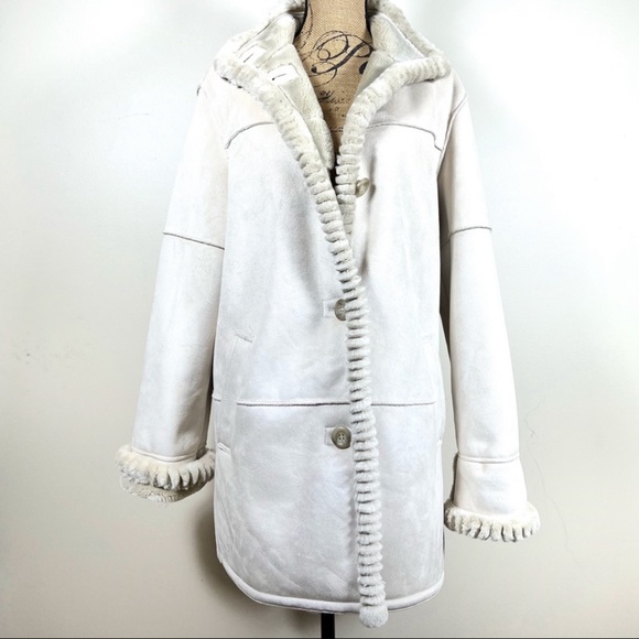 Faux Suede Ranch Sherpa Teddy style coat Faux Fur Lining Size M/L Liz Claiborne - Picture 1 of 15